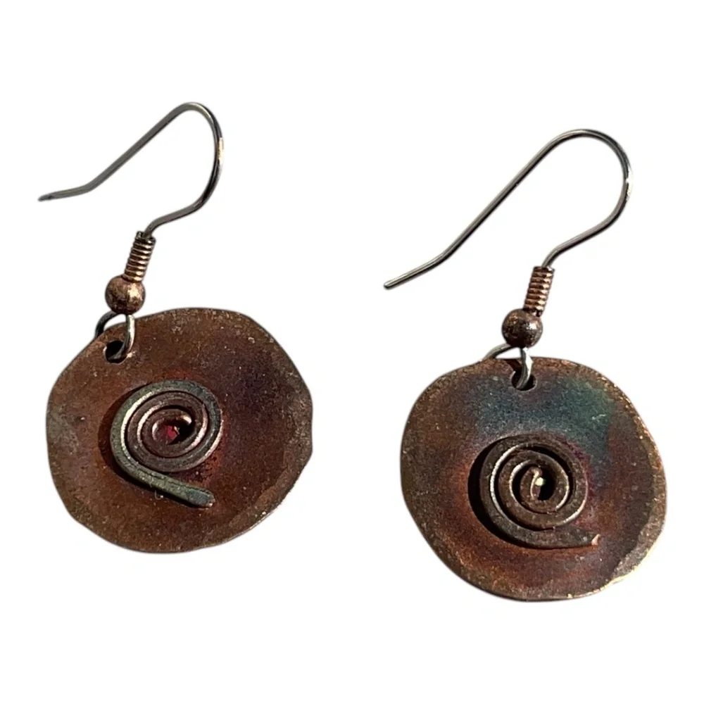 Handcrafted Dangle Earrings Copper Circle fish hook pierced 1” - Picture 2 of 7
